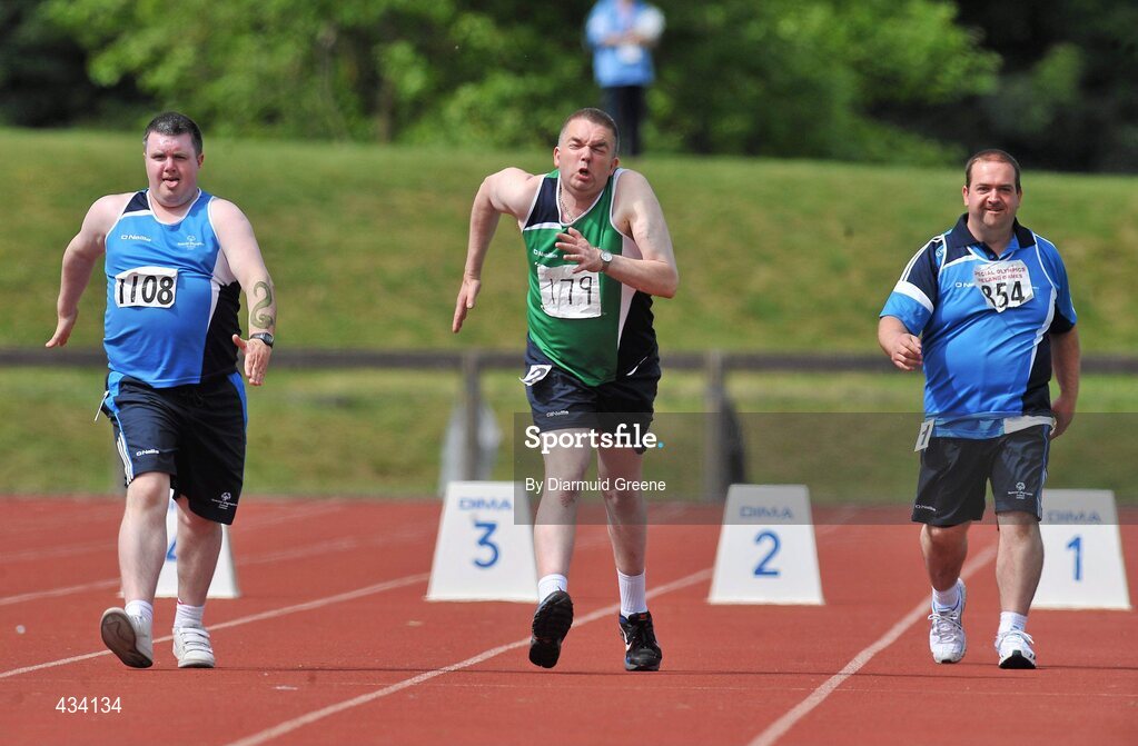 12 June 2010; Athletes, from left to right, Raymond Torris, from Dunleer, Co. Louth, John McKiernan, from Tubbercurry, Co. Sligo, and David Doyle, from Dundalk, Co. Louth, in action during 50m walk, division 92, at the 2010 Special Olympics Ireland Games. University of Limerick, Limerick. Picture credit: Diarmuid Greene / SPORTSFILE