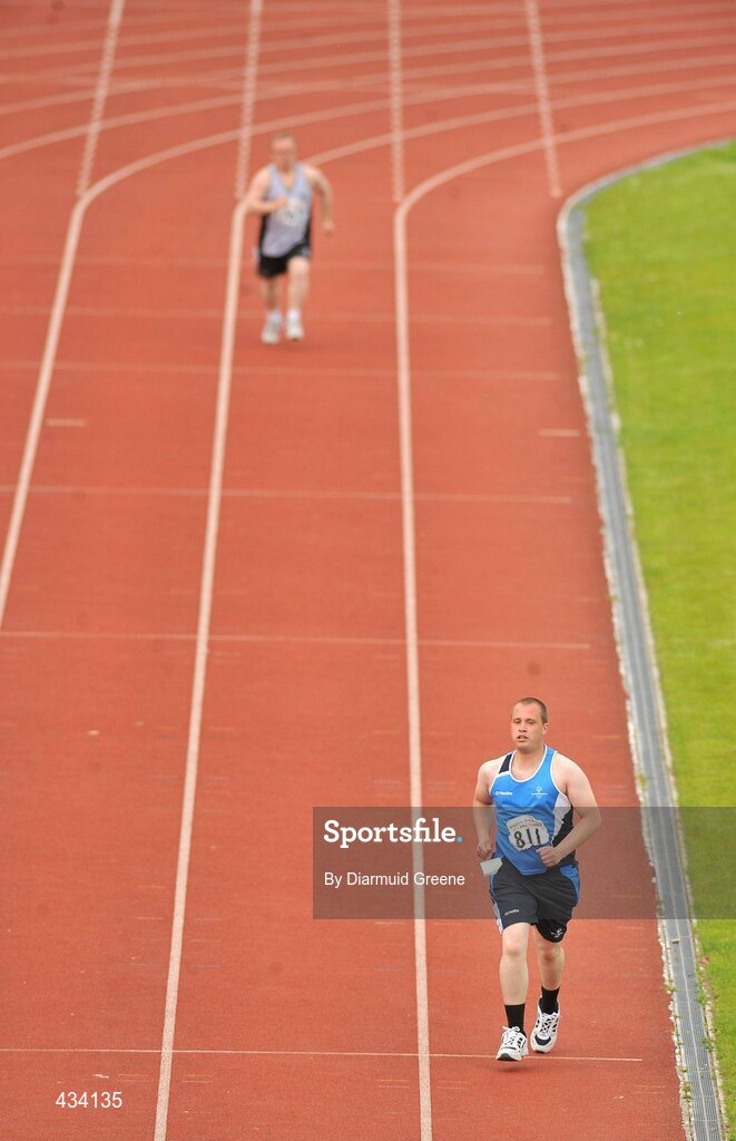 12 June 2010; Darren Carr, from Enniscorthy, Co. Wexford, on his way to winning the 400m Run, division 127, as Martin Myles, from Breffni, Cavan, comes in second place, at the 2010 Special Olympics Ireland Games. University of Limerick, Limerick. Picture credit: Diarmuid Greene / SPORTSFILE