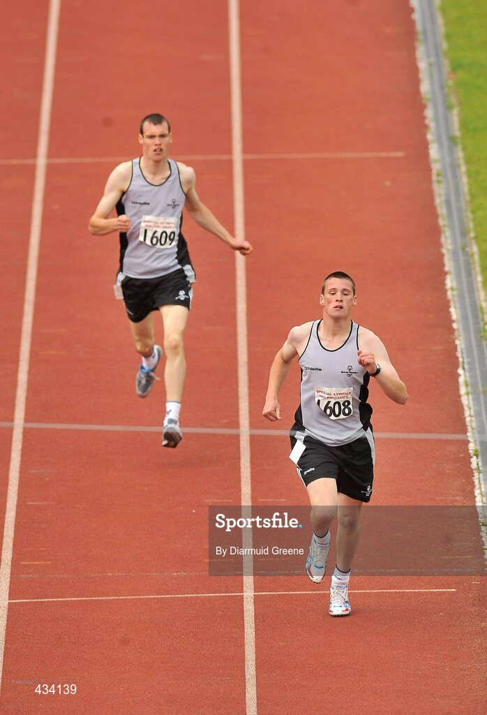 12 June 2010; Brothers David, right, 1st place, and Kieran Gallagher, 2nd place, from Inver, Co. Donegal, in action during the the 400m Run, division 126, during the 2010 Special Olympics Ireland Games. University of Limerick, Limerick. Picture credit: Diarmuid Greene / SPORTSFILE