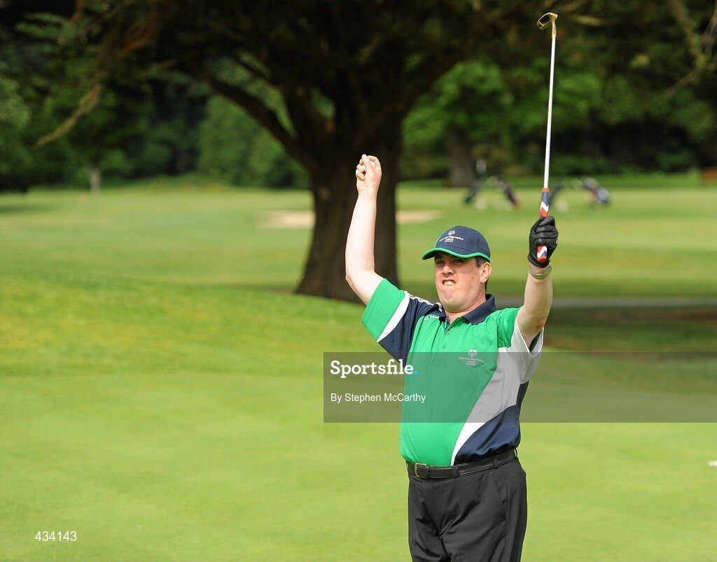 12 June 2010; Paul Charlton, from Kiltimagh, Mayo, Connacht Region, celebrates his putt on the 18th during the 18 Hole Golf competition during the third day of the 2010 Special Olympics Ireland Games. Limerick Golf Club, Limerick. Picture credit: Stephen McCarthy / SPORTSFILE