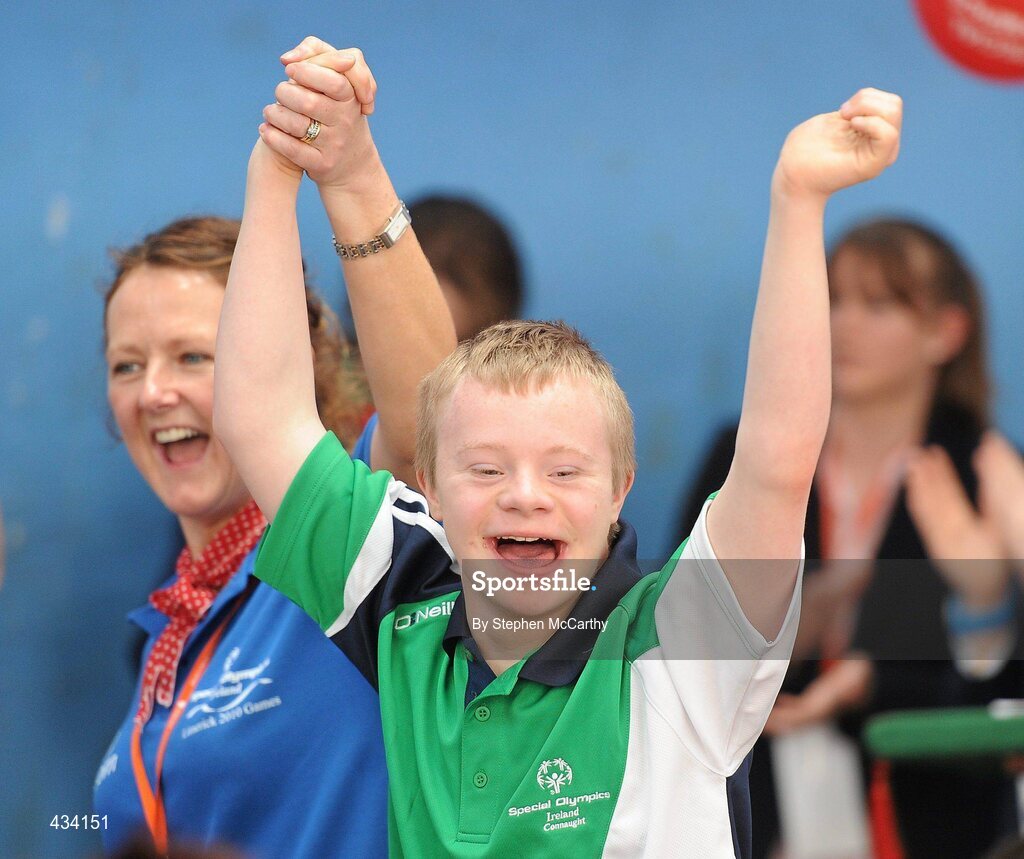 12 June 2010; Jude McLeady, Connacht Region, on his way to picking up his medal at the Gymnastics presentation during the third day of the 2010 Special Olympics Ireland Games. University of Limerick, Limerick. Picture credit: Stephen McCarthy / SPORTSFILE