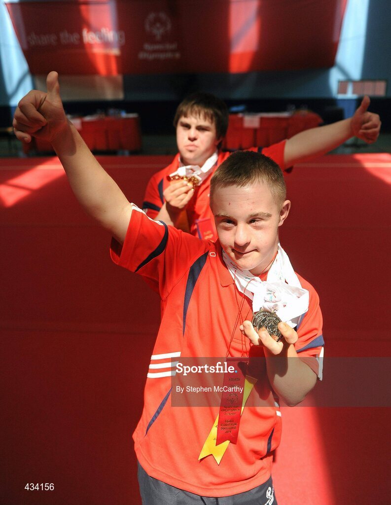 12 June 2010; Munster Region athletes Alan Quinlan, from Cappamore, Limerick, and Eoin Hanly, from Tipperary, show off their medal haul following the Gymnastics medal presentation during the third day of the 2010 Special Olympics Ireland Games. University of Limerick, Limerick. Picture credit: Stephen McCarthy / SPORTSFILE