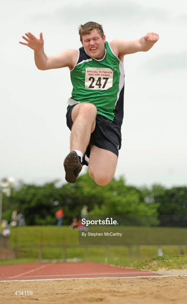 12 June 2010; Mark Walsh, from Claremorris, Mayo, Connacht Region, takes part in the Long Jump competition during the third day of the 2010 Special Olympics Ireland Games. University of Limerick, Limerick. Picture credit: Stephen McCarthy / SPORTSFILE