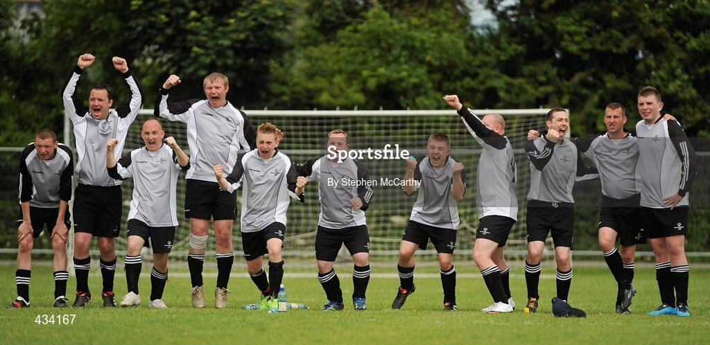 12 June 2010; Ulster Region players celebrates after their goalkeeper Ollie Boyle, from Letterkenny, Co. Donegal, saved a penalty during their penalty shoot-out victory over Munster Region in the 11-a-side football event during the third day of the 2010 Special Olympics Ireland Games. University of Limerick, Limerick. Picture credit: Stephen McCarthy / SPORTSFILE