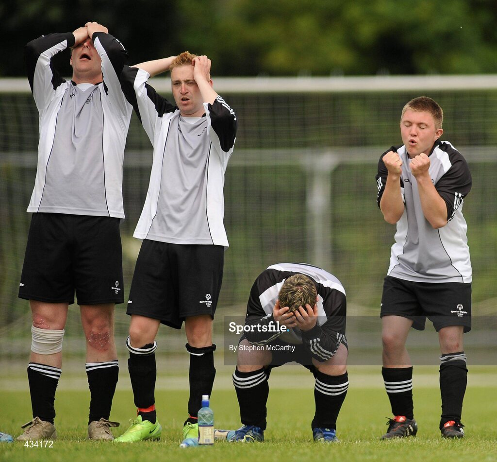 12 June 2010; Ulster Region players react during their penalty shoot-out victory over Munster Region in the 11-a-side football event during the third day of the 2010 Special Olympics Ireland Games. University of Limerick, Limerick. Picture credit: Stephen McCarthy / SPORTSFILE