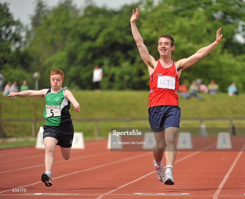 12 June 2010; Fergal Crowley, from Fermoy, Cork, Munster Region, 1191, celebrates during the atheltics events during the third day of the 2010 Special Olympics Ireland Games. University of Limerick, Limerick. Picture credit: Stephen McCarthy / SPORTSFILE