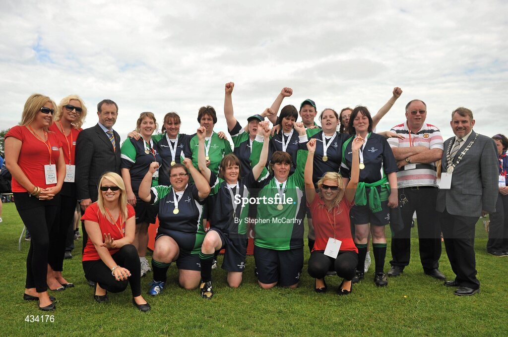 12 June 2010; Former GAA President Sean Kelly, MEP, and Limerick Lord Mayor Kevin Kiely with Connacht Region, winners of the women's 5-a-side football competition during the third day of the 2010 Special Olympics Ireland Games. University of Limerick, Limerick. Picture credit: Stephen McCarthy / SPORTSFILE