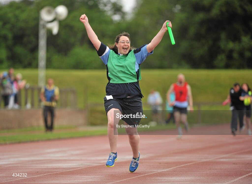 13 June 2010; Lisa McGuinness, from Ballyfermot, Dublin, Eastern Region, celebrates after running the final leg of the 4x100m relay during the final day of the 2010 Special Olympics Ireland Games. University of Limerick, Limerick. Picture credit: Stephen McCarthy / SPORTSFILE