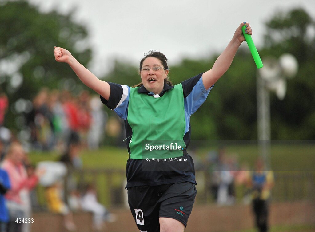 13 June 2010; Lisa McGuinness, from Ballyfermot, Dublin, Eastern Region, celebrates after running the final leg of the 4x100m relay during the final day of the 2010 Special Olympics Ireland Games. University of Limerick, Limerick. Picture credit: Stephen McCarthy / SPORTSFILE
