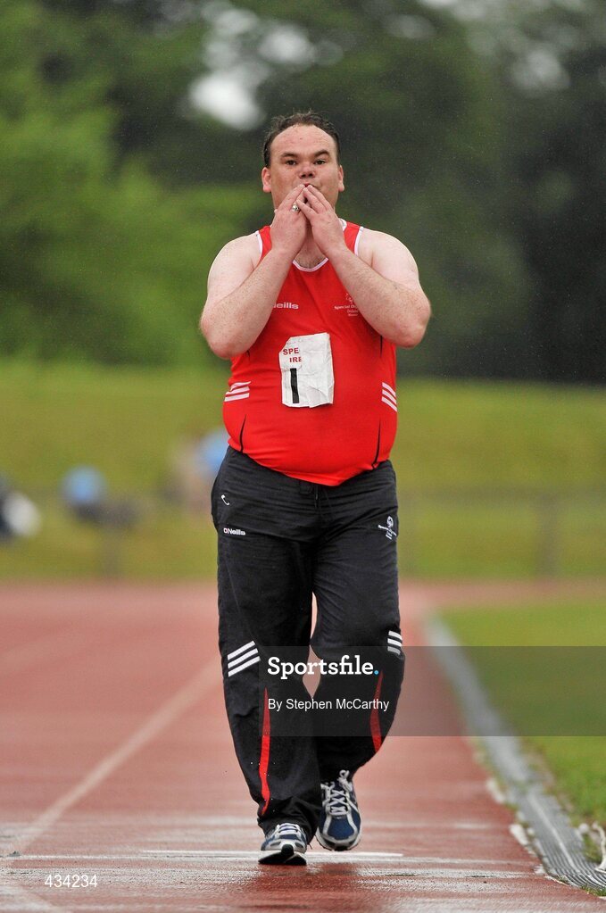 13 June 2010; Patrick Byard, from Waterford, Munster Region, celebrates after winning the 1500m walk & run athletics event during the final day of the 2010 Special Olympics Ireland Games. University of Limerick, Limerick. Picture credit: Stephen McCarthy / SPORTSFILE