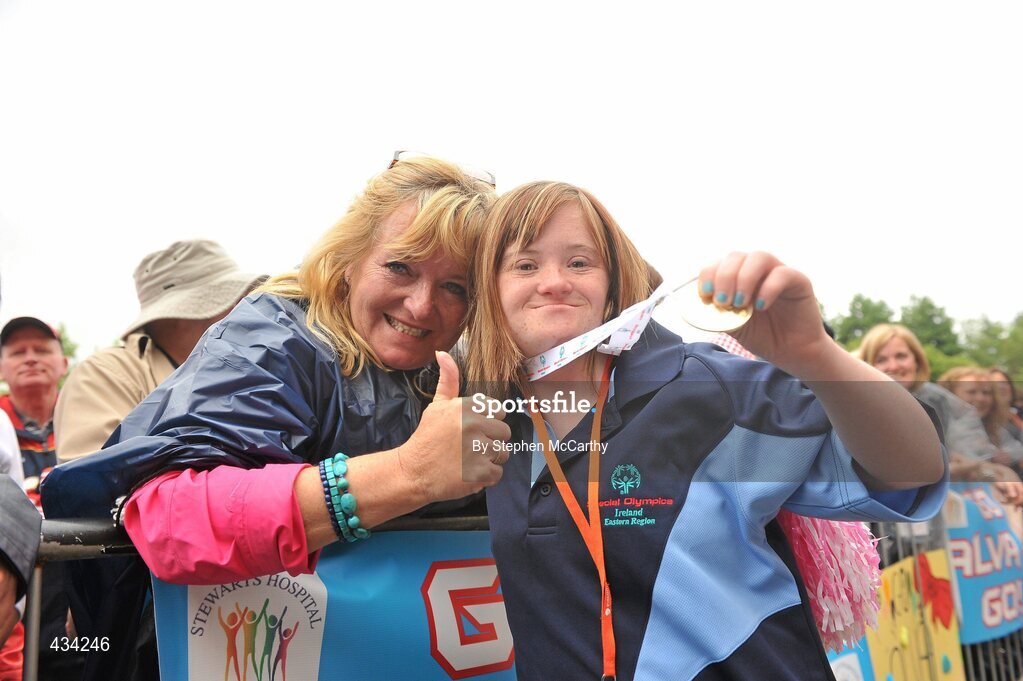 13 June 2010; Alva Kiberd, from Clondalkin, Dublin, celebrates with her mother Jean after picking up a gold medal with her Eastern Region team during the athletics relay during the final day of the 2010 Special Olympics Ireland Games. University of Limerick, Limerick. Picture credit: Stephen McCarthy / SPORTSFILE