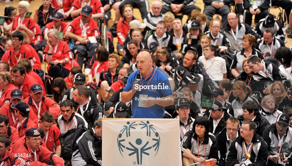13 June 2010; Special Olympics Ireland Games ambassador Keith Wood speaking during the closing ceremony during the final day of the 2010 Special Olympics Ireland Games. University of Limerick, Limerick. Picture credit: Stephen McCarthy / SPORTSFILE