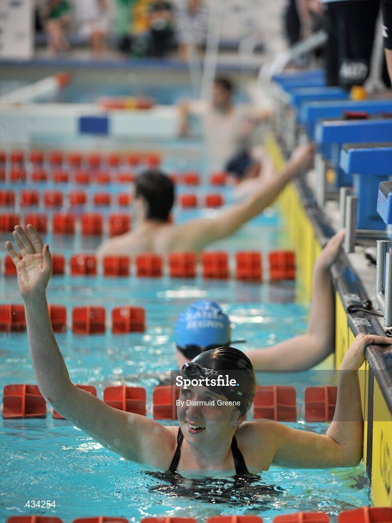 13 June 2010; Emma McAleer, from Omagh, Co. Tyrone, waves to supporters after winning the Mixed 50m Freestyle Final at the 2010 Special Olympics Ireland Games. University of Limerick, Limerick. Picture credit: Diarmuid Greene / SPORTSFILE