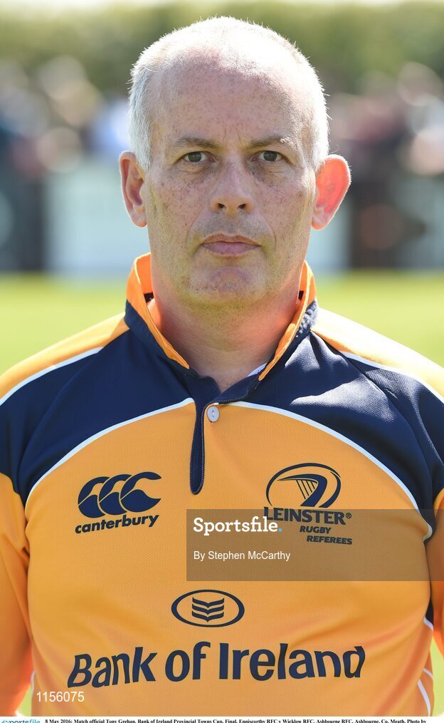 8 May 2016; Match official Tony Grehan. Bank of Ireland Provincial Towns Cup, Final, Enniscorthy RFC v Wicklow RFC. Ashbourne RFC, Ashbourne, Co. Meath. Photo by Stephen McCarthy/Sportsfile