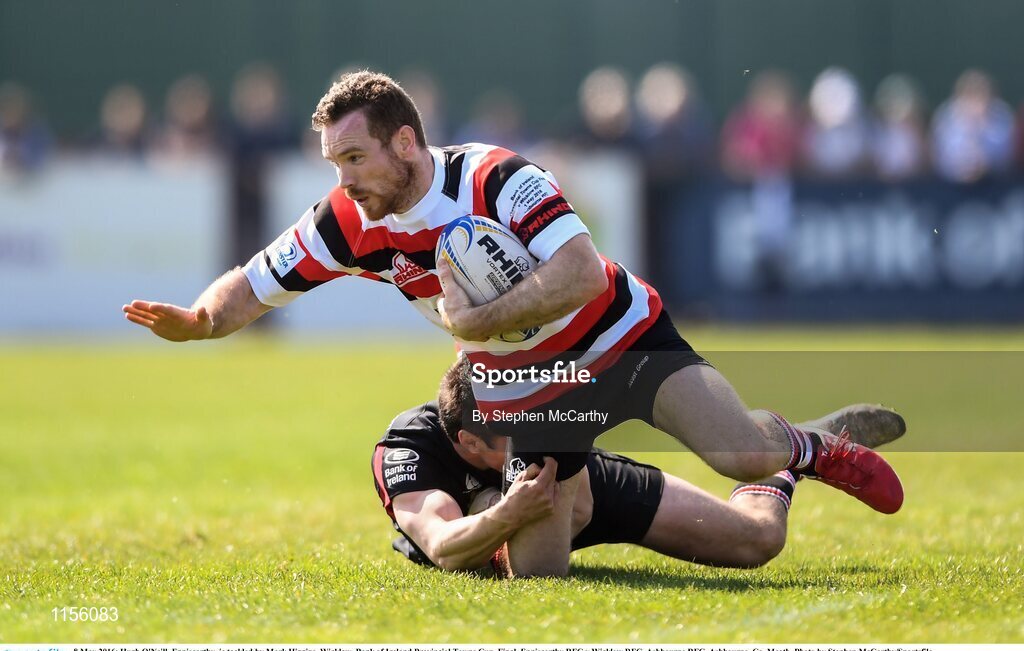 8 May 2016; Hugh O'Neill, Enniscorthy, is tackled by Mark Higgins, Wicklow. Bank of Ireland Provincial Towns Cup, Final, Enniscorthy RFC v Wicklow RFC. Ashbourne RFC, Ashbourne, Co. Meath. Photo by Stephen McCarthy/Sportsfile