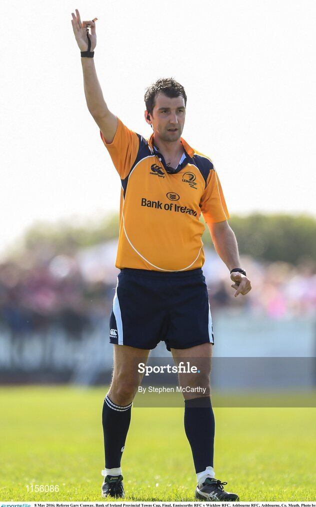 8 May 2016; Referee Gary Conway. Bank of Ireland Provincial Towns Cup, Final, Enniscorthy RFC v Wicklow RFC. Ashbourne RFC, Ashbourne, Co. Meath. Photo by Stephen McCarthy/Sportsfile