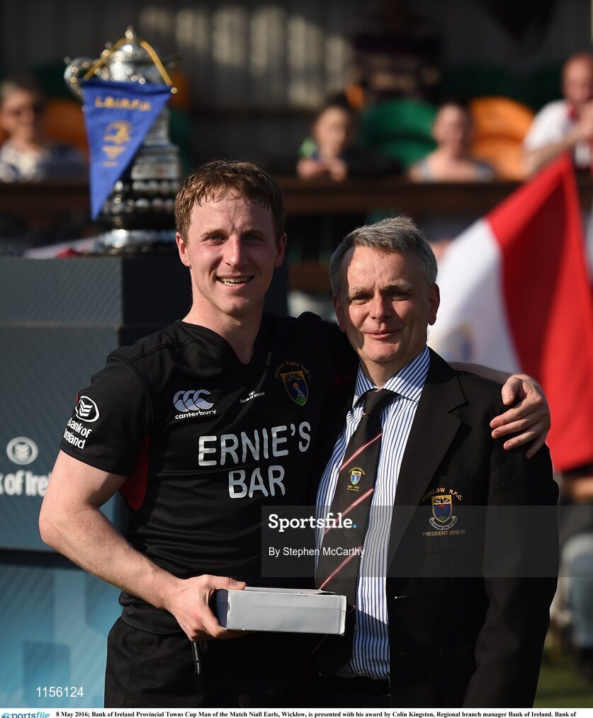 8 May 2016; Bank of Ireland Provincial Towns Cup Man of the Match Niall Earls, Wicklow, is presented with his award by Colin Kingston, Regional branch manager Bank of Ireland. Bank of Ireland Provincial Towns Cup, Final, Enniscorthy RFC v Wicklow RFC. Ashbourne RFC, Ashbourne, Co. Meath. Photo by Stephen McCarthy/Sportsfile