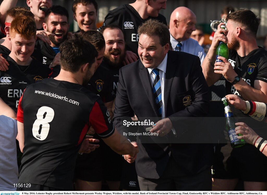 8 May 2016; Leinster Rugby president Robert McDermott presents Wesley Wojnar, Wicklow, with his medal. Bank of Ireland Provincial Towns Cup, Final, Enniscorthy RFC v Wicklow RFC. Ashbourne RFC, Ashbourne, Co. Meath. Photo by Stephen McCarthy/Sportsfile