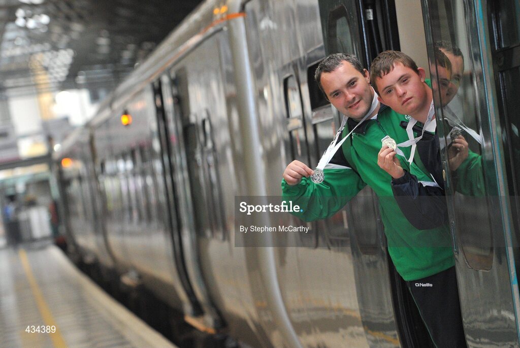 13 June 2010; Galway athletes Henry Cloran, from Ardrahan, left, and Matthew Forde, from Salthill, Connacht Region, board their train following the final day of the 2010 Special Olympics Ireland Games. Limerick Railway Station, Limerick. Picture credit: Stephen McCarthy / SPORTSFILE