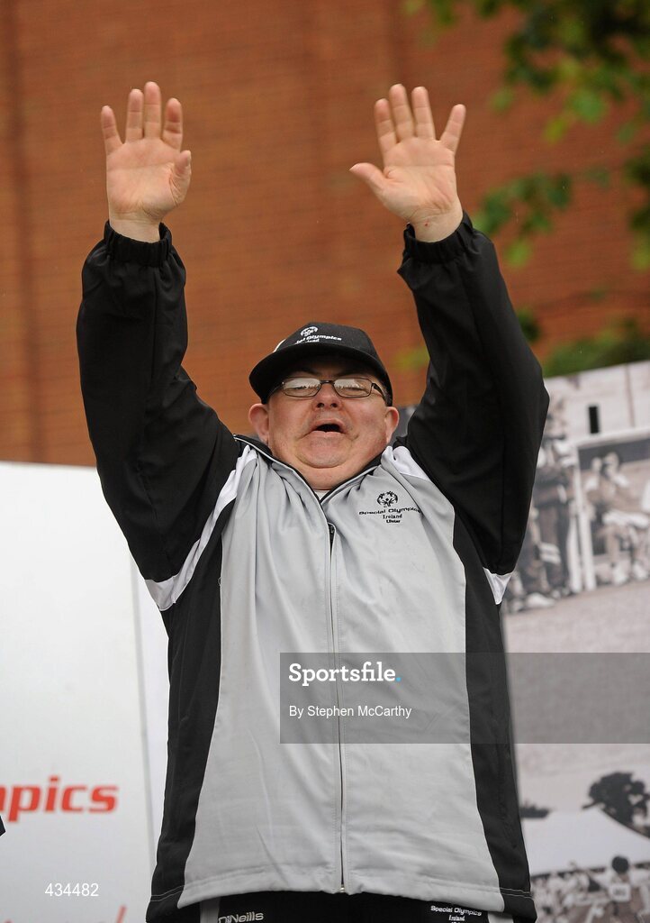 13 June 2010; Ulster Region athlete Jim McCart, Antrim, celebrates before recieving his Tennis Ball Throw medal during the final day of the 2010 Special Olympics Ireland Games. University of Limerick, Limerick. Picture credit: Stephen McCarthy / SPORTSFILE