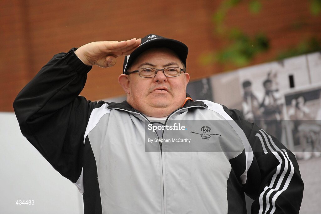 13 June 2010; Ulster Region athlete Jim McCart, Antrim, celebrates before receiving his Tennis Ball Throw medal during the final day of the 2010 Special Olympics Ireland Games. University of Limerick, Limerick. Picture credit: Stephen McCarthy / SPORTSFILE