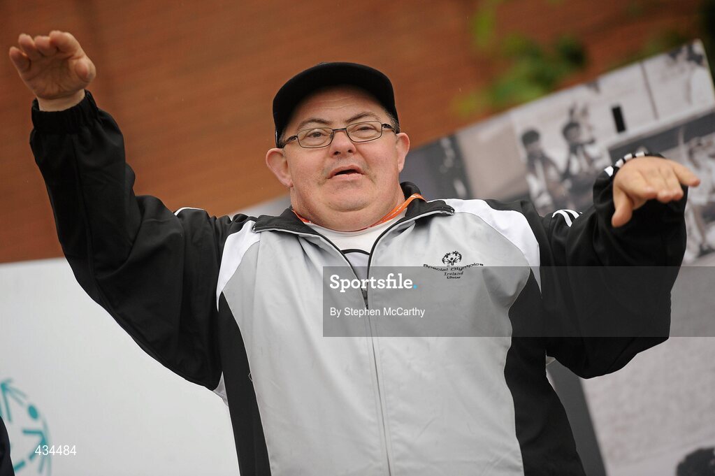 13 June 2010; Ulster Region athlete Jim McCart, Antrim, celebrates before receiving his Tennis Ball Throw medal during the final day of the 2010 Special Olympics Ireland Games. University of Limerick, Limerick. Picture credit: Stephen McCarthy / SPORTSFILE