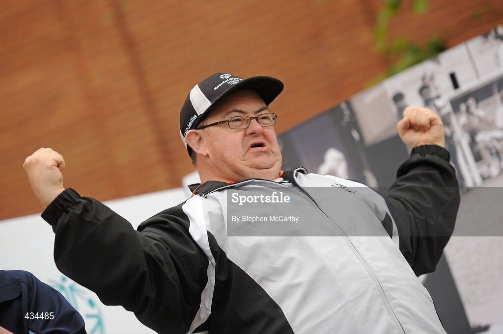 13 June 2010; Ulster Region athlete Jim McCart, Antrim, celebrates before receiving his Tennis Ball Throw medal during the final day of the 2010 Special Olympics Ireland Games. University of Limerick, Limerick. Picture credit: Stephen McCarthy / SPORTSFILE