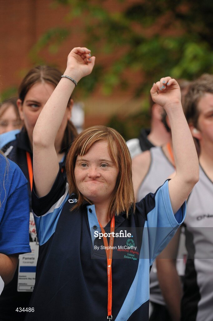 13 June 2010; Alva Kiberd, from Clondalkin, Dublin, celebrates before picking up a gold medal with her Eastern Region team following the athletics relay during the final day of the 2010 Special Olympics Ireland Games. University of Limerick, Limerick. Picture credit: Stephen McCarthy / SPORTSFILE