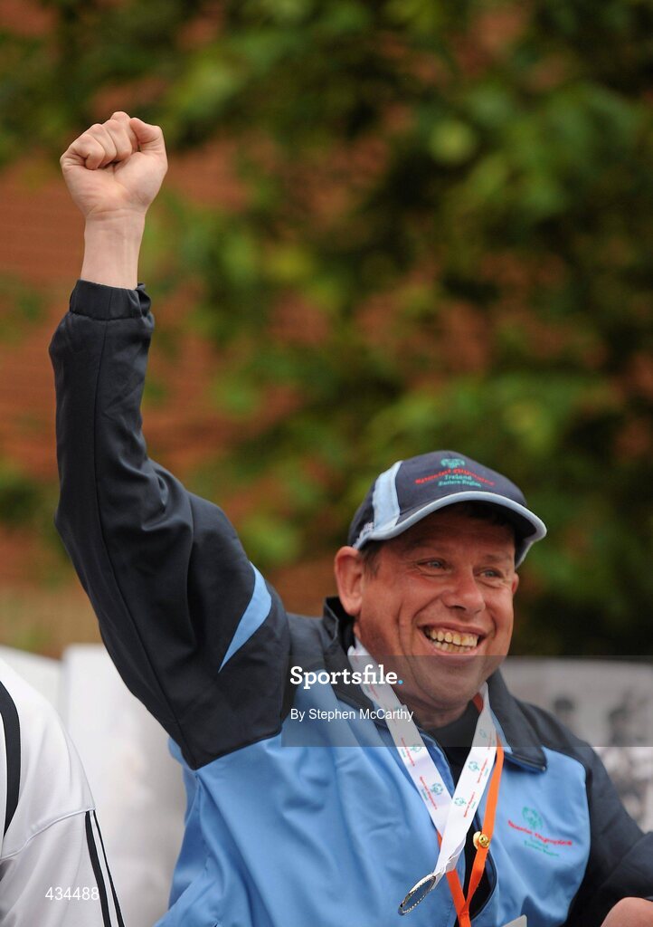 13 June 2010; Leinster Region athlete Martin Gorman, Kildare, celebrates after receiving his Tennis Ball Throw medal during the final day of the 2010 Special Olympics Ireland Games. University of Limerick, Limerick. Picture credit: Stephen McCarthy / SPORTSFILE