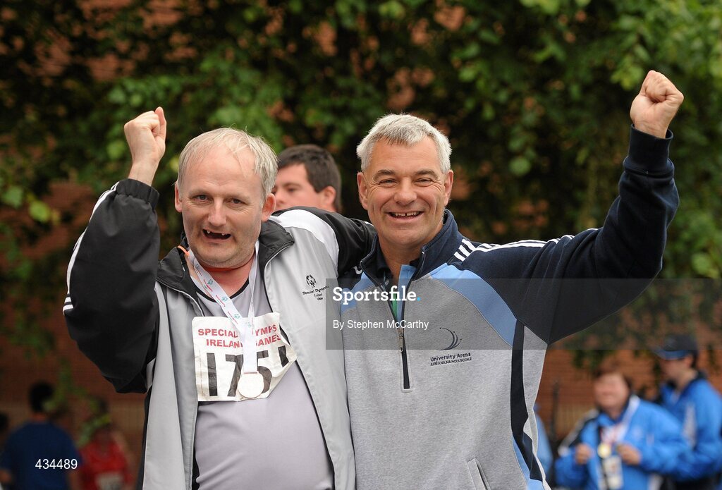 13 June 2010; Ulster Region athlete Francis Meenagh, Tyrone, after being presented with his Tennis Ball Throw medal by David Mahedy, Director of Sport and Recreation, University Limerick, during the final day of the 2010 Special Olympics Ireland Games. University of Limerick, Limerick. Picture credit: Stephen McCarthy / SPORTSFILE