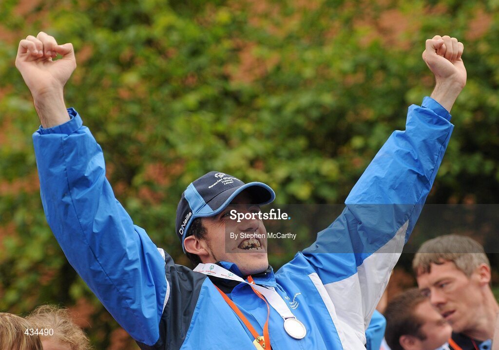 13 June 2010; Leinster Region athlete Aaron Harkin, Meath, celebrates after receiving his relay medal during the final day of the 2010 Special Olympics Ireland Games. University of Limerick, Limerick. Picture credit: Stephen McCarthy / SPORTSFILE