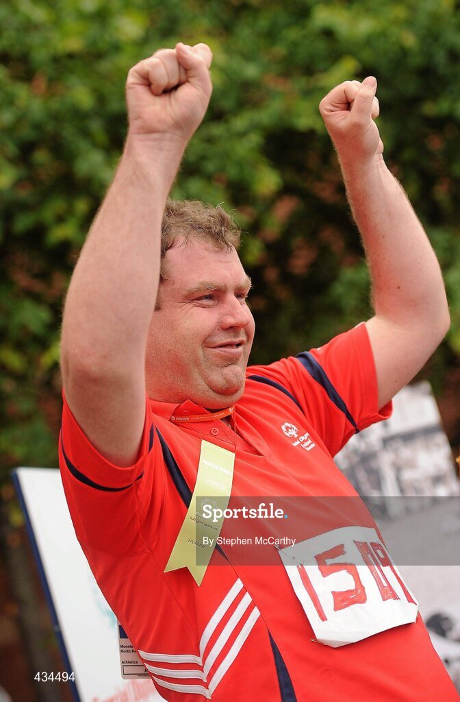 13 June 2010; Munster Region athlete Thomas Windle, from Listowel, Kerry, celebrates his Throw award during the final day of the 2010 Special Olympics Ireland Games. University of Limerick, Limerick. Picture credit: Stephen McCarthy / SPORTSFILE