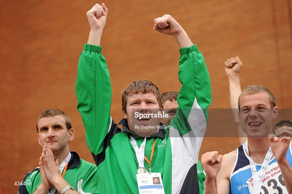 13 June 2010; Connacht Region athlete Mark Walsh, from Claremorris, Mayo, celebrates his silver medal in the relay event during the final day of the 2010 Special Olympics Ireland Games. University of Limerick, Limerick. Picture credit: Stephen McCarthy / SPORTSFILE