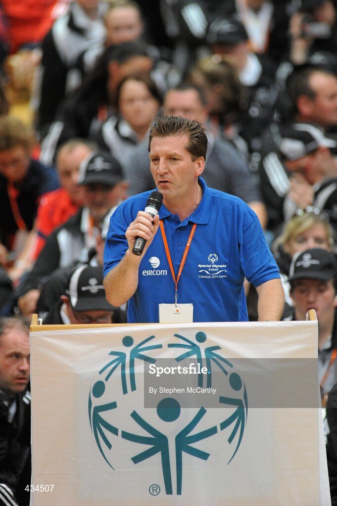 13 June 2010; Special Olympics Ireland CEO Matt English speaking at the closing ceremony during the final day of the 2010 Special Olympics Ireland Games. University of Limerick, Limerick. Picture credit: Stephen McCarthy / SPORTSFILE