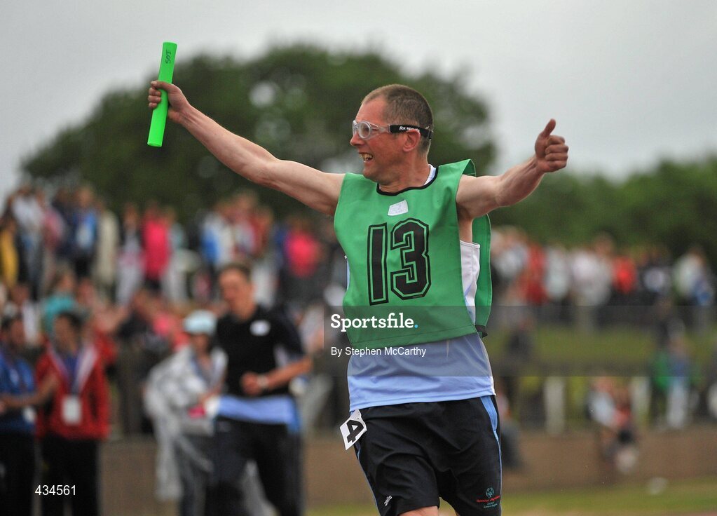 13 June 2010; John Naughton, Irishtown, Dublin, celebrates after running the final leg of the 4x100m relay for his Eastern Region team during the final day of the 2010 Special Olympics Ireland Games. University of Limerick, Limerick. Picture credit: Stephen McCarthy / SPORTSFILE