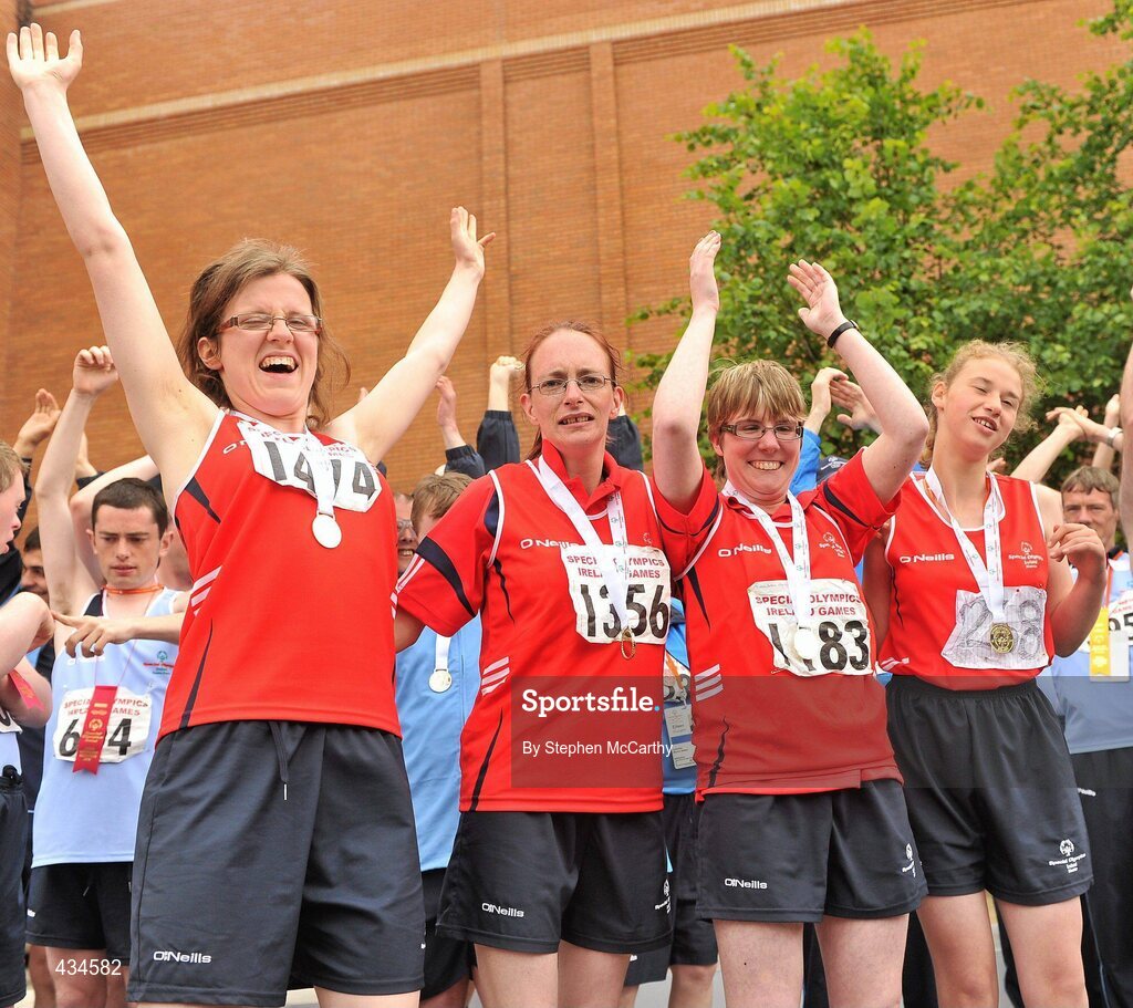 13 June 2010; Munster Region athletes, from left, Bridget Ryan, Nenagh, Tipperary, Christine Minoge, Limerick, Bernadette Cronin, Cork, and Aileen Hickey, Limerick, celebrate with the relay gold medals during the final day of the 2010 Special Olympics Ireland Games. University of Limerick, Limerick. Picture credit: Stephen McCarthy / SPORTSFILE