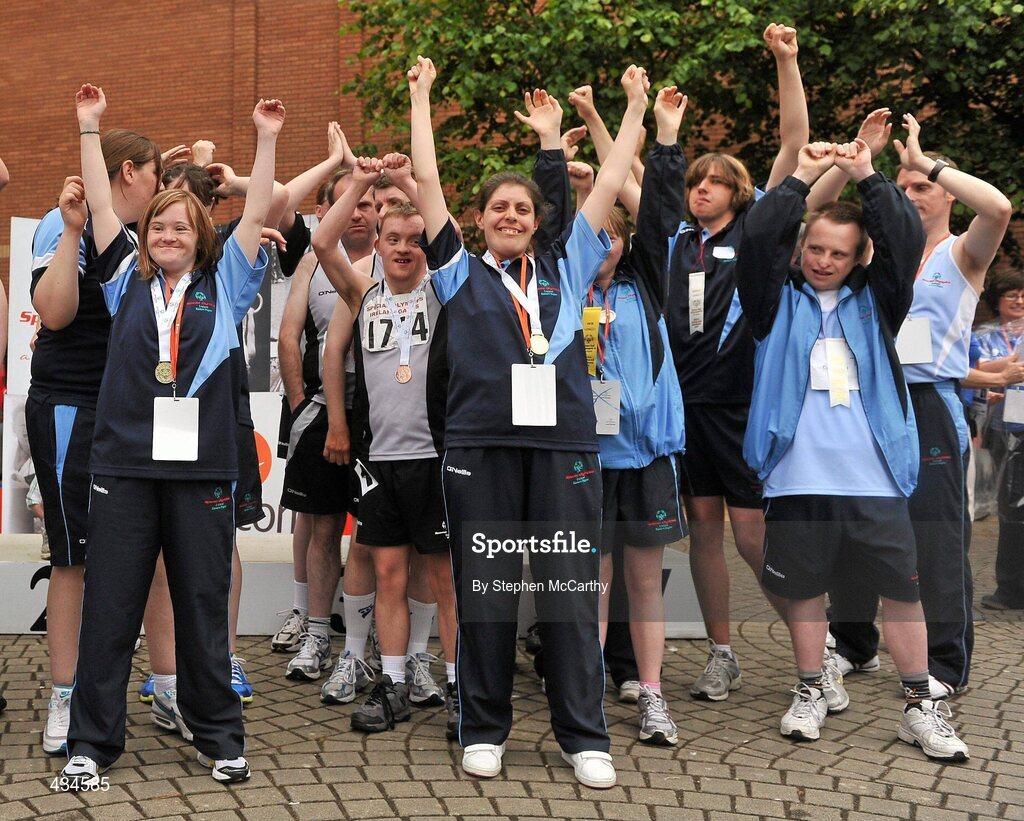 13 June 2010; Athletes including Eastern Region's Alva Kiberd, from Clondalkin, Dublin, left, and Elaine Brennan, Tallaght, Dublin, centre, celebrate with her medals following the 4x100m relay athletics presentation during the final day of the 2010 Special Olympics Ireland Games. University of Limerick, Limerick. Picture credit: Stephen McCarthy / SPORTSFILE