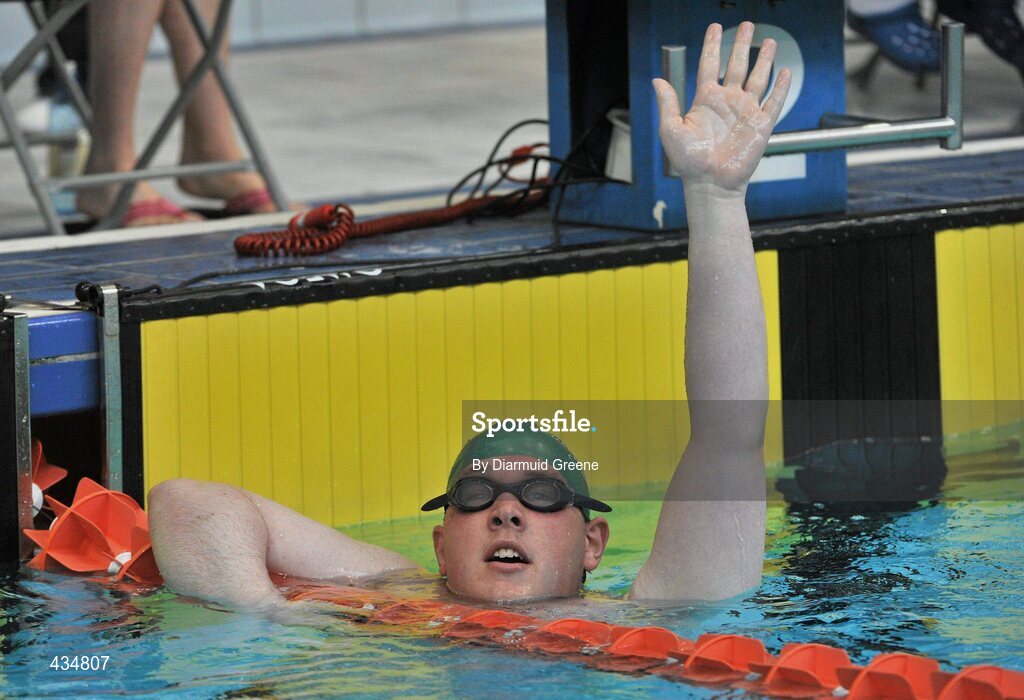 13 June 2010; Derek Gavin, from Headford, Co. Galway, Connaught, celebrates after winning the Mixed 200m Backstroke division 1 Final at the 2010 Special Olympics Ireland Games. University of Limerick, Limerick. Picture credit: Diarmuid Greene / SPORTSFILE