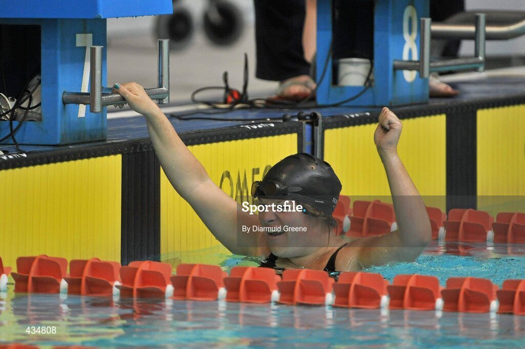 13 June 2010; Danielle Hawe, from Armagh, Ulster, celebrates after finishing 2nd place in the Mixed 200m Backstroke division 1 Final at the 2010 Special Olympics Ireland Games. University of Limerick, Limerick. Picture credit: Diarmuid Greene / SPORTSFILE