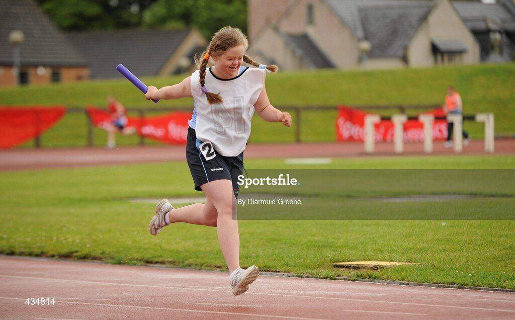 13 June 2010; Sarah-Kate Breen, from Blackrock, Dublin, in action during the 4x100m Relay Final, division 21, at the 2010 Special Olympics Ireland Games. University of Limerick, Limerick. Picture credit: Diarmuid Greene / SPORTSFILE