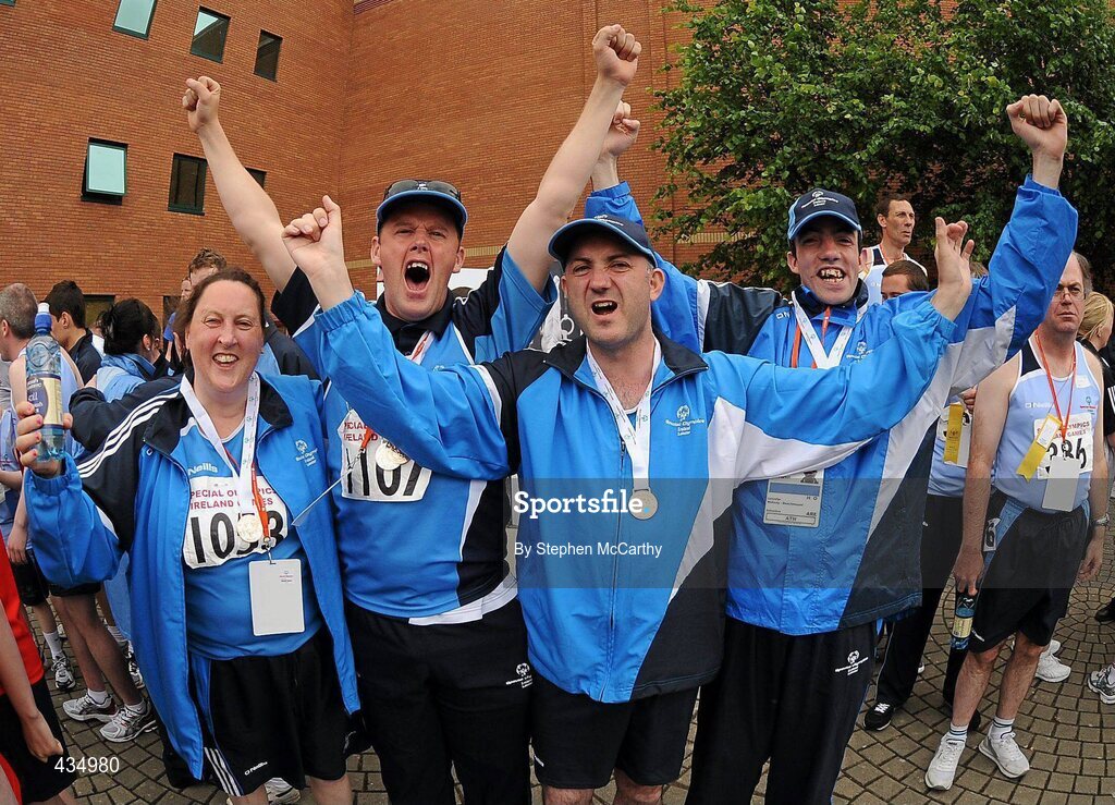 13 June 2010; Leinster Region athletes, from left, Eileen O'Loughlin, Moore Abbey, Kildare, Michael Toner, Dromiskin, Louth, Patrick Cassidy, Newbridge, Kildare, and Aaron Harkin, Meath, celebrate with the relay bronze medals during the final day of the 2010 Special Olympics Ireland Games. University of Limerick, Limerick. Picture credit: Stephen McCarthy / SPORTSFILE
