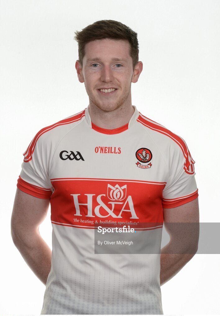 16 May 2016; Emmett Bradley of Derry during the 2016 Derry Football squad portraits in the O'Donovan Rossa GAA club, Magherafelt, Derry. Photo by Oliver McVeigh/Sportsfile