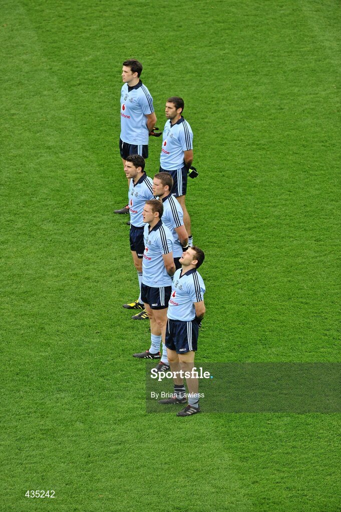 13 June 2010; Dublin players, from bottom, Kevin McManamon, Paul Flynn, Conal Keaney, Bernard Brogan, David Henry, and Niall Corkery, stand for the national anthem. Leinster GAA Football Senior Championship Quarter-Final, Dublin v Wexford, Croke Park, Dublin. Picture credit: Brian Lawless / SPORTSFILE