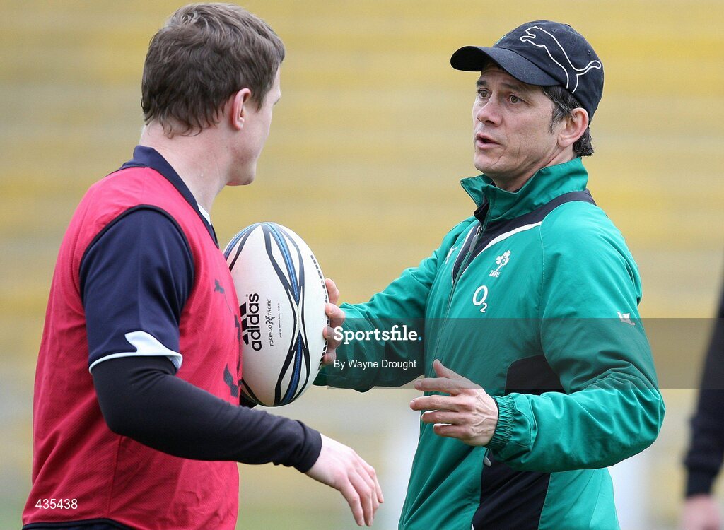 17 June 2010; Ireland defence coach Les Kiss chats with Brian O'Driscoll during the squad captain's run ahead of their match against the New Zealand Maori team on Friday. Ireland rugby squad captain's run, International Stadium, Rotorua, New Zealand. Picture credit: Wayne Drought / SPORTSFILE