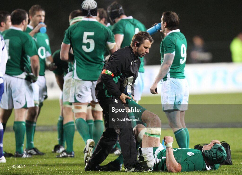 18 June 2010; Ireland's Rhys Ruddock receives medical attention. Summer Tour 2010, New Zealand Maori v Ireland, International Stadium, Rotorua, New Zealand. Picture credit: David Rowland / SPORTSFILE
