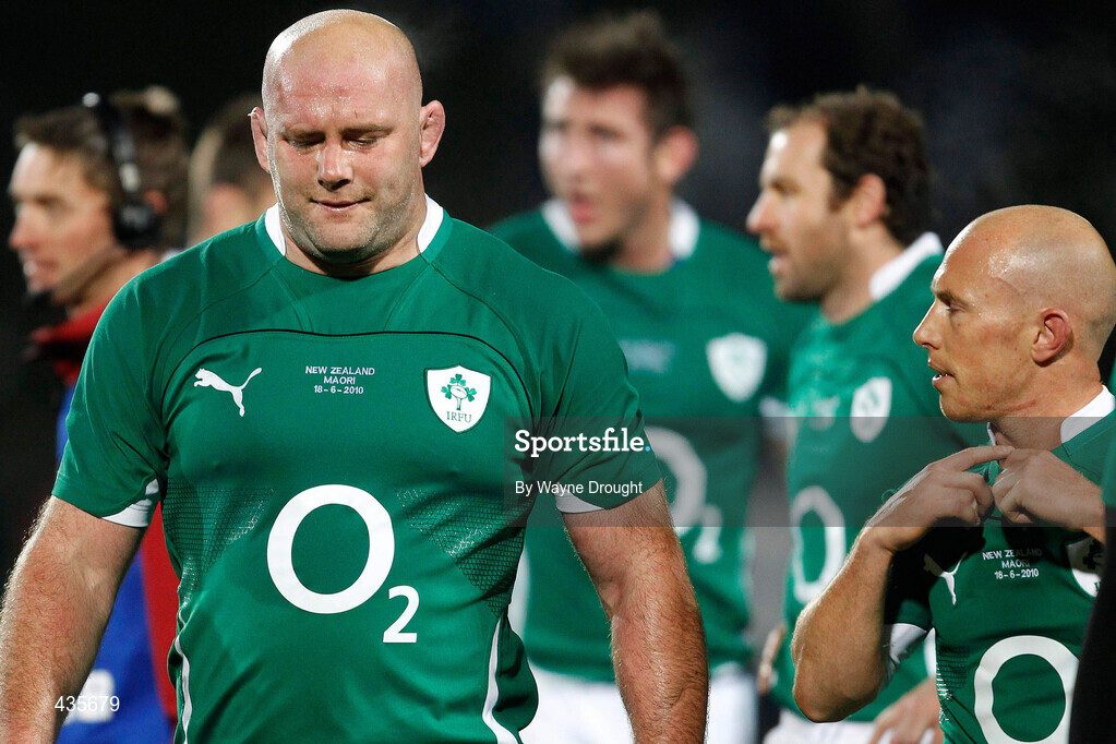 18 June 2010; Ireland's John Hayes and Peter Stringer look dejected as they leave the field after their team's loss against the New Zealand Maori. Summer Tour 2010, New Zealand Maori v Ireland, International Stadium, Rotorua, New Zealand. Picture credit: Wayne Drought / SPORTSFILE
