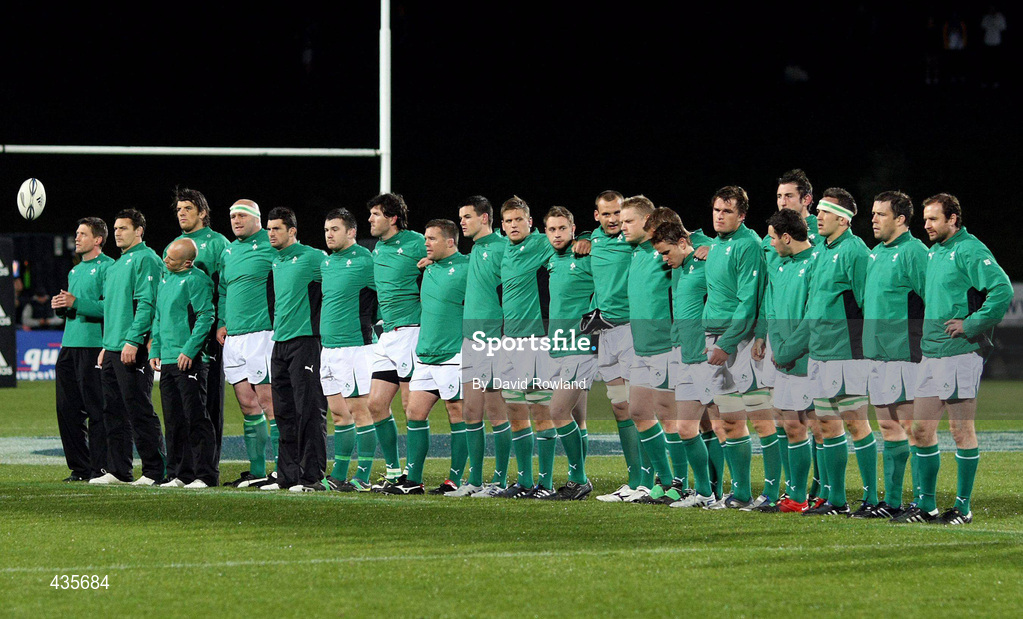 18 June 2010; The Ireland team line up before playing the New Zealand Maori team. Summer Tour 2010, New Zealand Maori v Ireland, International Stadium, Rotorua, New Zealand. Picture credit: David Rowland / SPORTSFILE