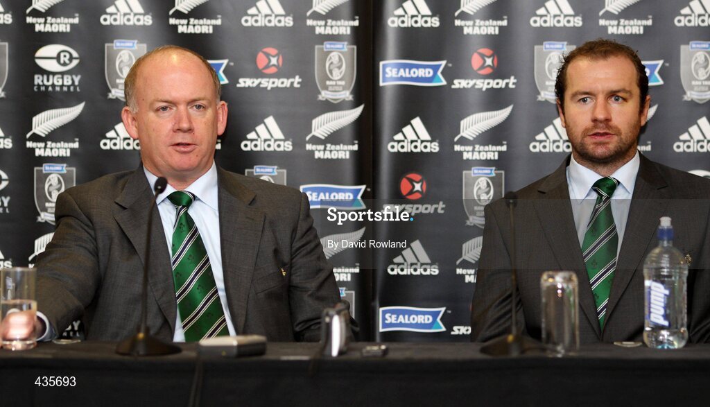 18 June 2010; Ireland's head coach Declan Kidney, left, and captain Geordan Murphy speak at a media conference after losing to New Zealand Maori. Summer Tour 2010, New Zealand Maori v Ireland, International Stadium, Rotorua, New Zealand. Picture credit: David Rowland / SPORTSFILE