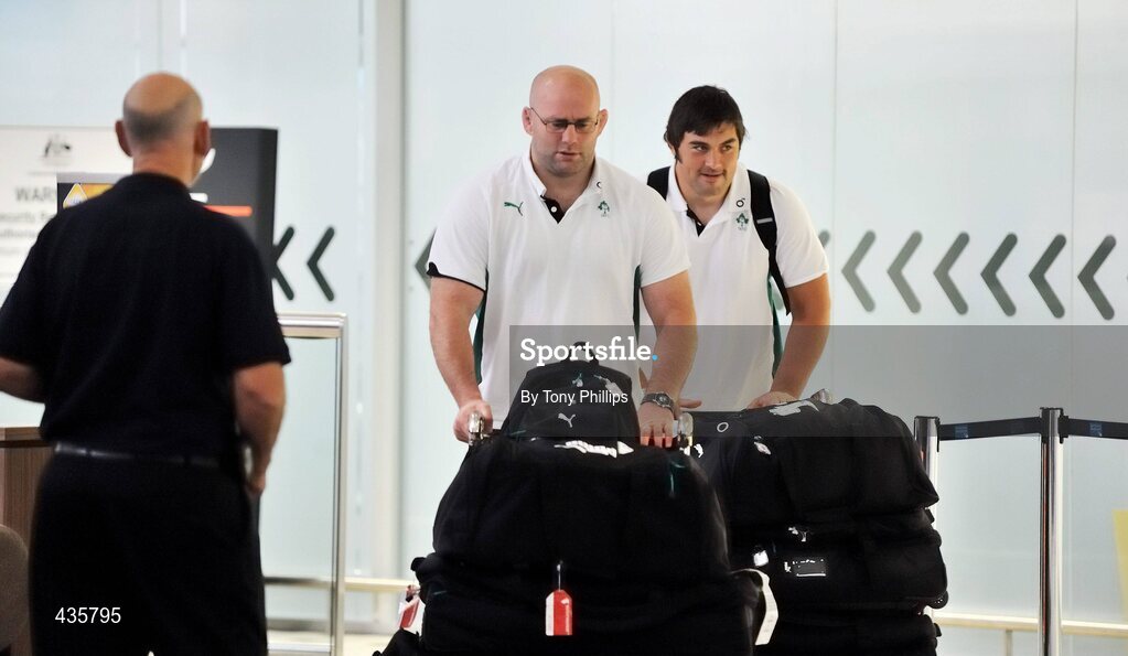 19 June 2010; Ireland's John Hayes, left, and Tony Buckley on their arrival in Brisbane Airport ahead of their game against Australia on Saturday 26 June. Brisbane Airport, Brisbane, Australia. Picture credit: Tony Phillips / SPORTSFILE