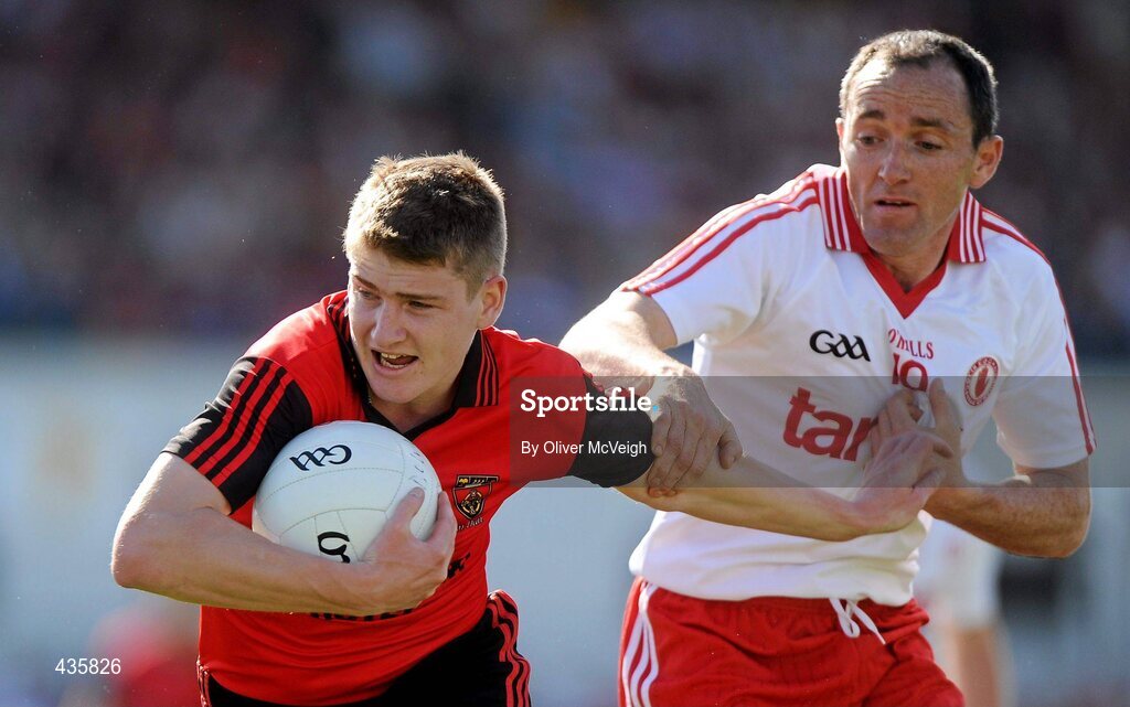 19 June 2010; Conor Maginn, Down, in action against Brian Dooher, Tyrone. Ulster GAA Football Senior Championship Semi-Final, Tyrone v Down, Casement Park, Belfast, Co. Antrim. Picture credit: Oliver McVeigh / SPORTSFILE